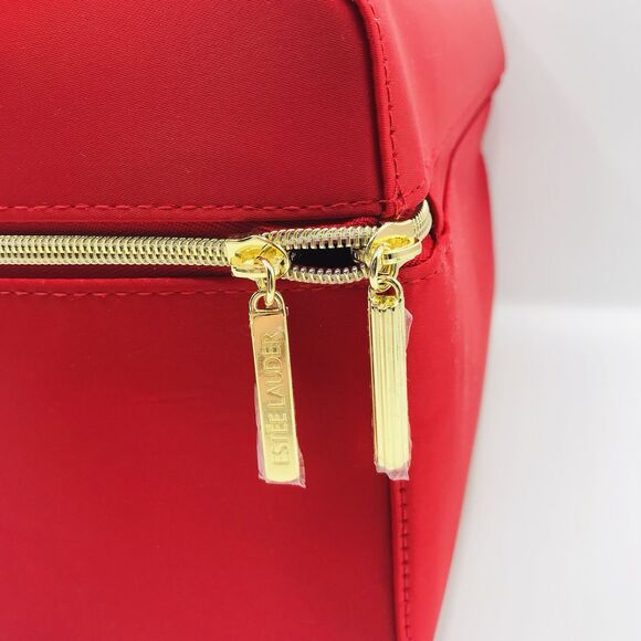 Estee Lauder Red w Gold Train Case Travel Bag Makeup Cosmetic Zipper with Handle - Picture 3 of 9